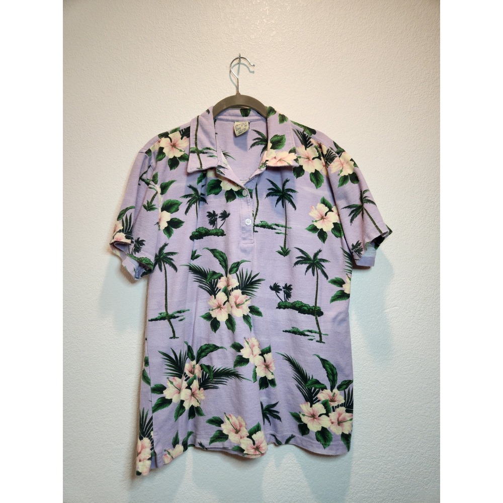 Vintage Crazy Shirts Hawaiian Polo Shirt XL Purple Hibiscus Palm Tree‎ USA